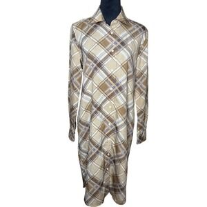 Lauren Ralph Lauren Plaid Shirt Dress Tan Button Front Midi Sz 8 Preppy Modest